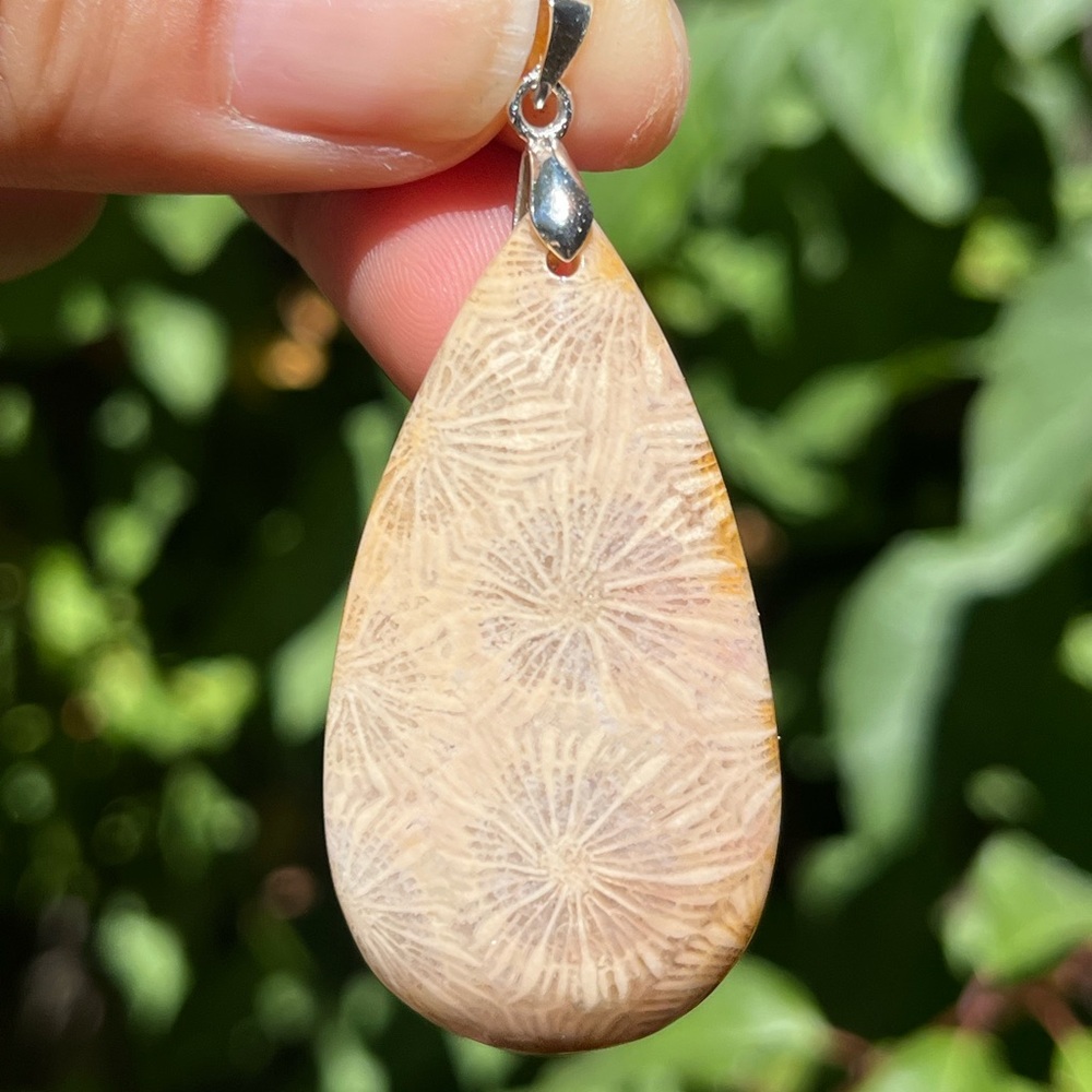 Sterling silver 925 stamped flower‎ fossilized coral pendant 0915
